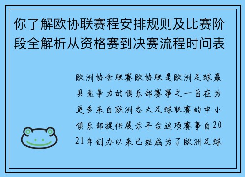 你了解欧协联赛程安排规则及比赛阶段全解析从资格赛到决赛流程时间表详解 你了解欧协联赛程安排规则及比赛阶段全解析从资格赛到决赛流程时间表详解